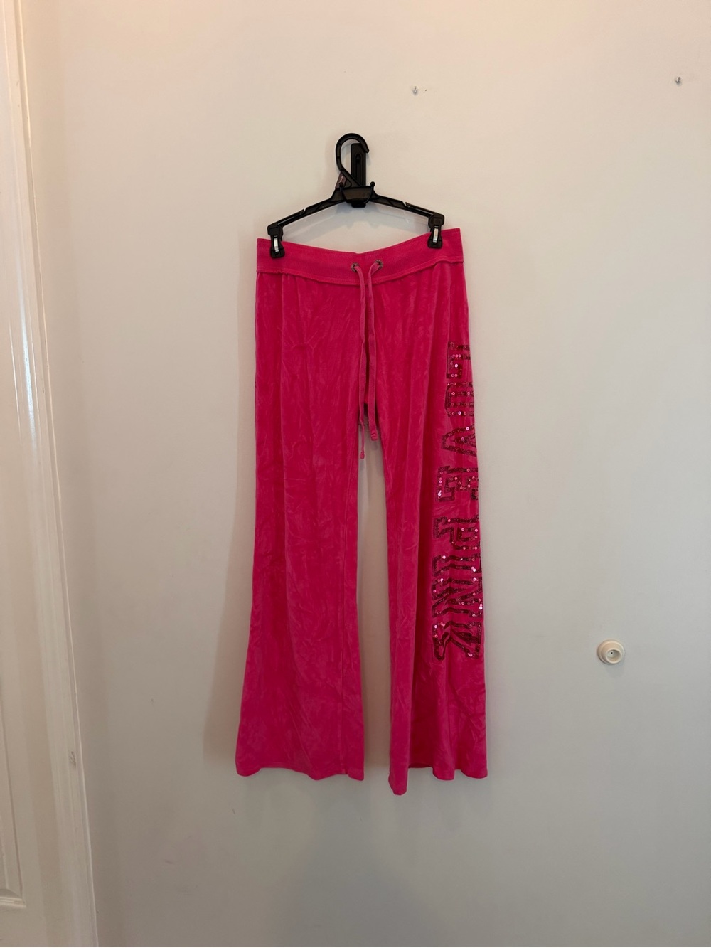 Vintage Hot Pink Velour Lounge Pants with Side Sequin Script - Picture 5 of 9